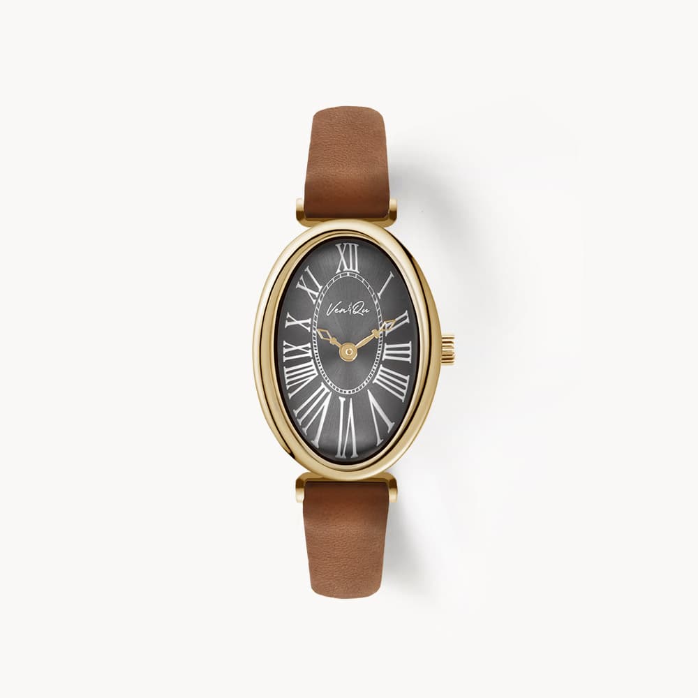 Dome_Gold_Charcoal Brown Leather Watch