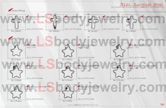 LS Body Jewelry, 316L SS Piercing, Cross Ring, Star Ring