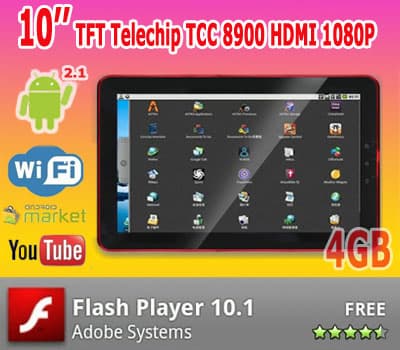 The Best Selling 10 inch Android2.1 Tablet PC Mid Telechip TCC8900 720MHz 4GB