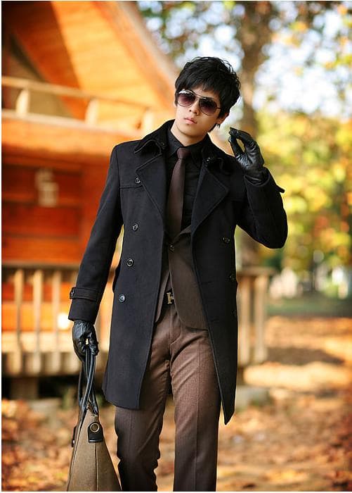 Men's Black Fashion Double Breasted Long Woolen Coat