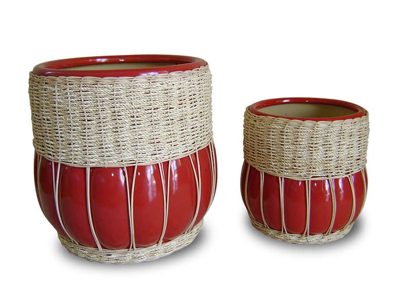 WP-13028-A - Hand Woven Planters - Set of 2 ceramic pots with rattan and seagrass weaving