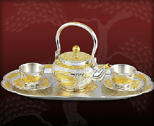 Silver and gold jade teapot, teacup, trays se
