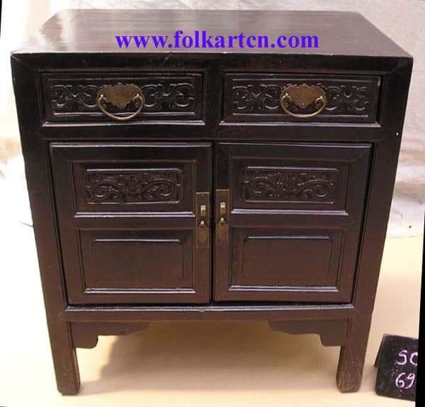 SC-018p7 Antique 2 Carving Door 2 Drawer Short Cabinet, End Table, Nightstand